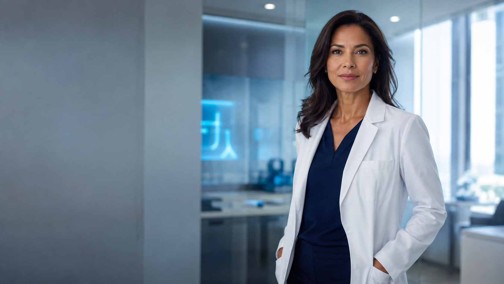 Confident female physician in a modern clinical setting